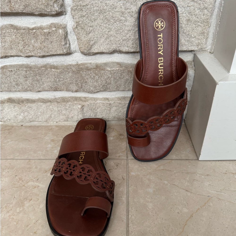 Tory Burch Tiny Miller Brown Leather Slide Size 7
